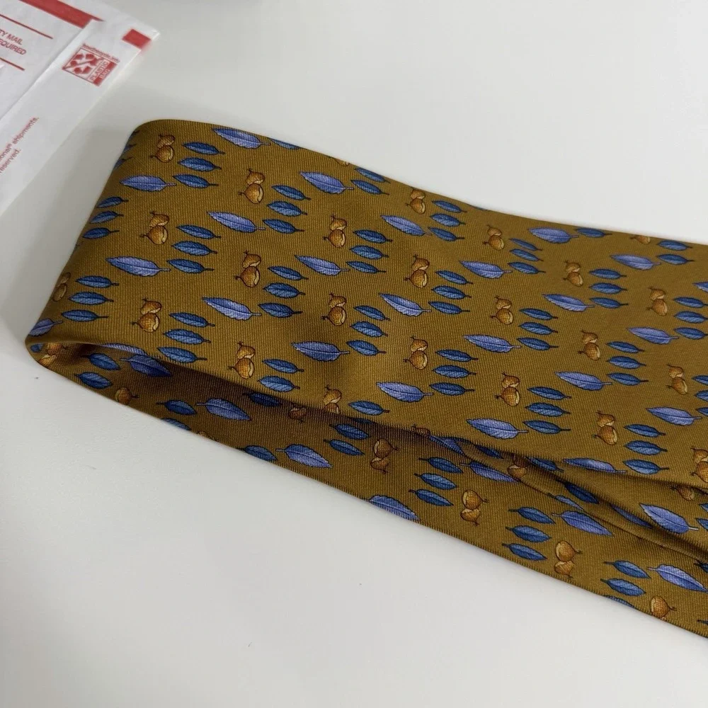 NWOT Brooks‎ Brothers Silk Necktie Acorns Feathers Brown Blue 3 5/8